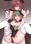  2girls aketa_mikoto animal_ear_hairband animal_ears bar_censor bare_arms black_gloves black_leotard blush breasts breasts_out breath brown_background brown_hair censored clothing_aside fake_animal_ears fingering gloves gradient_background green_eyes green_hair hairband highres idolmaster idolmaster_shiny_colors ipomopi large_breasts leotard leotard_aside long_hair multiple_girls nanakusa_nichika nipple_stimulation nipple_tweak nipples open_mouth playboy_bunny pussy pussy_juice rabbit_ears red_eyes spread_legs strapless strapless_leotard sweat thigh_strap thighhighs translation_request vaginal white_background white_gloves white_thighhighs yuri 