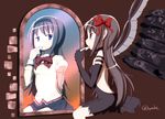  akemi_homura akuma_homura applying_makeup bare_shoulders black_gloves black_hair black_wings bow chauke choker different_reflection dress dual_persona elbow_gloves feathered_wings gloves hair_bow hairband lipstick lipstick_tube long_hair mahou_shoujo_madoka_magica mahou_shoujo_madoka_magica_movie makeup mirror purple_eyes reflection school_uniform signature smile spoilers twitter_username wings 