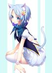  animal_ear_fluff animal_ears bad_id bad_pixiv_id blue_eyes blue_hair butt_crack capelet cat_ears cat_tail flower flower_bracelet hair_flower hair_ornament highres looking_at_viewer looking_back necktie open_clothes open_mouth open_vest original puffy_short_sleeves puffy_sleeves shirako_sei shirt short_hair short_sleeves sitting skirt solo tail thighhighs vest white_legwear zettai_ryouiki 