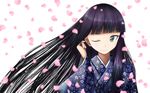  ;) aebafuti bangs black_hair blunt_bangs cherry_blossoms green_eyes highres japanese_clothes kimono long_hair looking_at_viewer one_eye_closed original petals smile solo straight_hair upper_body white_background 