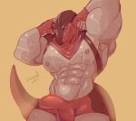 absurd_res anthro balls barazoku bodily_fluids bulge clothing dinosaur erection genitals hi_res king_of_dinosaurs king_of_fighters looking_at_viewer male mask muscular muscular_anthro muscular_male nipples pinumontbalou pose prehistoric_species raised_arm red_body red_scales reptile scales scalie snk solo sweat tail theropod tyrannosaurid tyrannosauroid tyrannosaurus tyrannosaurus_rex underwear wrestler