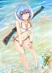  animal_ears bikini blue_hair bracelet breasts bunny_ears crescent gun jewelry large_breasts lee-enfield looking_at_viewer nail_polish panzer red_eyes reisen rifle sandals short_hair solo standing swimsuit touhou wading water water_gun weapon white_background 