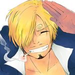  1boy blonde_hair facial_hair goatee hair_over_one_eye male male_focus one_piece one_piece_film_z sanji smile smoking solo 