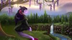  2017 anthro clothed clothing day detailed_background deviant-soulmates digital_media_(artwork) dragon female fur furred_dragon grass horn outside pink_fur sitting sky solo waterfall 