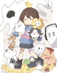  1other :3 animal animal_ears annoying_dog astigmatism_(undertale) bandaged_leg bandages bandaid bandaid_on_leg bird bird_that_carries_you_over_a_disproportionately_small_gap black_headphones black_shoes blonde_hair blue_sweater border brown_hair bug cat_ears closed_eyes closed_mouth colored_inner_hair commentary dog double-parted_bangs endogeny flower flowey_(undertale) frisk_(undertale) froggit full_body ghost grey_background grey_shorts hair_between_eyes headphones heart-shaped_mouth highres holding holding_animal mad_dummy_(undertale) multicolored_hair nano_mochi napstablook outside_border pink_sweater shoelaces shoes short_hair shorts simple_background smile snail sparkle spider standing striped_clothes striped_sweater sweatdrop sweater symbol-only_commentary temmie tongue tongue_out two-tone_hair two-tone_sweater u_u undertale vulkin walking white_border white_dog woshua yellow_flower 