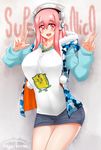  blush breasts double_v headphones highres large_breasts long_hair looking_at_viewer megatama nitroplus open_mouth pink_eyes pink_hair pom_pom_(clothes) shirt smile solo super_sonico v 