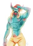  armpit_hair blue_skin clothing hair hi_res liisa-likes long_hair male muscles nipples pants pecs pointy_ears pubes red_hair solo topless troll tusks video_games vol&#039;jin vol'jin warcraft world_of_warcraft 