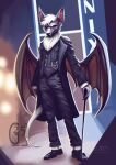 anthro back_wings bat bat_wings black_body black_fur black_tie_(suit) cane clothing dress_pants dress_shoes ear_piercing facial_piercing fangs fur galder head_tuft hi_res male mammal megabat membrane_(anatomy) membranous_wings neck_tuft nix_(dez_sabertooth) nose_piercing piercing red_eyes solo suit tail teeth tuft white_tail wings