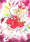  absurdres ascot blonde_hair bow flandre_scarlet hat hat_bow highres laevatein red_eyes sash side_ponytail solo touhou toutenkou traditional_media watercolor_(medium) wings 