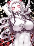  airfield_hime albino arm_up armpits crop_top glowing glowing_eyes grin horns kantai_collection long_hair looking_at_viewer miyoshi_(triple_luck) navel outstretched_arm pale_skin red_eyes shinkaisei-kan smile solo upper_body v 