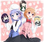  :d alternate_hairstyle ama_usa_an_uniform angora_rabbit animal blue_eyes blue_hair bow brown_hair bunny dress_shirt fleur_de_lapin_uniform gochuumon_wa_usagi_desu_ka? hair_ornament hair_ribbon hairclip hand_puppet hoto_cocoa kafuu_chino kirima_sharo long_hair long_skirt looking_at_viewer menu multiple_girls on_head open_mouth puppet purple_eyes rabbit_house_uniform ribbon shirt short_hair sigh skirt smile tedeza_rize tippy_(gochiusa) tousaki_shiina toy ujimatsu_chiya wa_maid waitress x_hair_ornament 