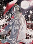  1girl aqua_eyes aqua_hair female full_moon hair_ornament hatsune_miku japanese_clothes kimono leaf long_hair looking_at_viewer looking_back md5_mismatch moon night oriental_umbrella snow solo standing starpri uchikake umbrella vocaloid yuki_miku 