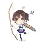  aircraft airplane arrow arrow_in_head black_legwear bow_(weapon) brown_hair chibi flight_deck full_body kaga_(kantai_collection) kantai_collection lowres muneate running short_hair side_ponytail simple_background sino_(sionori) solo standing standing_on_one_leg thighhighs weapon white_background 