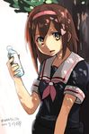  2014 bad_id bad_pixiv_id black_serafuku blouse bottle brown_eyes brown_hair dappled_sunlight dated hair_ornament hairband highres kantai_collection open_mouth red_hairband sahuyaiya school_uniform serafuku shiratsuyu_(kantai_collection) short_hair short_sleeves skirt solo sunlight tree twitter_username water_bottle 