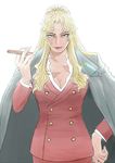  balalaika_(black_lagoon) black_lagoon blonde_hair blue_eyes breasts cigar cleavage formal hand_on_hip jacket_on_shoulders kappa_otoko large_breasts lips lipstick long_coat long_hair looking_at_viewer makeup mole mole_under_eye ponytail scar sidelocks skirt_suit smile solo suit 