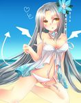  alternate_costume alternate_eye_color alternate_hairstyle arm_support beach bikini breasts cleavage collarbone day e-co flower hair_down hair_flower hair_ornament large_breasts long_hair looking_at_viewer ocean off_shoulder open_mouth outdoors silver_hair sitting sky solo strap_slip swimsuit touhou very_long_hair wariza water white_bikini yagokoro_eirin yellow_eyes 