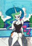  2019 absurd_res big_breasts breasts cleavage clothed clothing equine female friendship_is_magic hi_res horn looking_at_viewer mammal my_little_pony newyorkx3 princess_celestia_(mlp) purple_eyes sitting solo swimming_pool swimsuit thick_thighs traditional_view unicorn 