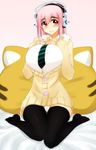  bad_id bad_pixiv_id black_legwear blush breasts hands_on_own_chest headphones large_breasts long_hair looking_at_viewer megatama necktie nitroplus pink_hair red_eyes smile solo super_sonico sweater thighhighs 
