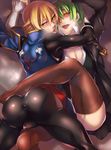  anus_peek ass blazblue blonde_hair blush boy_on_top bulge gloves green_eyes green_hair hazama jin_kisaragi kaneaki_mukku leg_lock looking_at_viewer looking_back male_focus multiple_boys no_pants pantyhose red_eyes short_hair thighhighs uniform white_gloves yaoi 