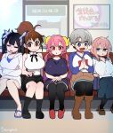  5girls :d :o absurdres ahoge arm_at_side bags_under_eyes bare_arms bare_legs bare_shoulders black_hair black_pantyhose black_ribbon black_shirt black_shoes black_skirt black_socks black_thighhighs blue_eyes blue_sailor_collar blue_shirt blue_skirt blush blush_stickers bongfill boots breasts brown_boots brown_hair closed_eyes closed_mouth commentary crossed_arms crossover dragon_girl dragon_horns dungeon_ni_deai_wo_motomeru_no_wa_machigatteiru_darou_ka facing_viewer fang full_body gradient_hair green_eyes grey_hair hair_between_eyes half-closed_eyes hands_on_own_thighs hands_up hestia_(danmachi) high_ponytail highres hood hoodie horns ilulu_(maidragon) indoors jitome knees_together_feet_apart kobayashi-san_chi_no_maidragon large_breasts legs_together long_hair long_sleeves looking_at_viewer looking_to_the_side low_twintails medium_skirt michinoku_komaro miniskirt multicolored_hair multiple_crossover multiple_girls no_pupils open_mouth oppai_loli own_hands_together palms_together pantyhose parted_lips pink_hair ponytail print_shirt purple_hair red_eyes red_hair red_shoes ribbon sailor_collar saliva_drip scar scar_on_chest seitokai_ni_mo_ana_wa_aru! shirt shirt_ribbon shoes short_hair shortstack sidelocks sitting skin_fang skirt sleeping sleeveless sleeveless_shirt smile socks straight-on straight_hair sugoi_dekai symbol-only_commentary t-shirt taneshima_popura thighhighs train twintails two-tone_hair two-tone_shirt uzaki-chan_wa_asobitai! uzaki_hana white_hoodie white_shirt working!! zettai_ryouiki 