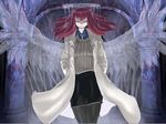  1girl angel angel_wings labcoat long_hair mon-musu_quest! pale_skin promestein promestein_(mon-musu_quest!) red_eyes red_hair solo wings 