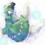  bad_id bad_pixiv_id breasts ghost_tail green_eyes green_hair hat large_breasts looking_at_viewer pointing pointing_up short_hair signature sleeves_past_wrists soga_no_tojiko solo tate_eboshi touhou white_background yuxyon 
