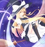  apron blonde_hair bloomers boots bow braid broom broom_riding cross-laced_footwear gloves glowing grin hair_bow hat hat_ribbon highres kirisame_marisa knee_boots light_trail long_hair mini-hakkero over-kneehighs puffy_short_sleeves puffy_sleeves ribbon shirua_(s4-42424) short_sleeves single_braid skirt skirt_set sky smile solo star star_(sky) starry_sky striped striped_legwear thighhighs touhou underwear waist_apron witch_hat yellow_eyes 