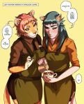 2025 absurd_res anthro barista beverage blue_eyes blue_hair blush charlotte_(mozes.ipg) claws clothed clothing coca coffee coffee_art coffee_cup coffee_mug colored comic container cup dialogue digital_drawing_(artwork) digital_media_(artwork) domestic_cat duo embarrassed embarrassed_female english_text felid feline felis female fur hair hi_res holding_object latte_art mammal pantherine pink_hair practice requiem_etsu shaded signature simple_background smile speech_bubble text tiger white_body working yellow_eyes