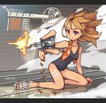  anklet arm_cannon blue_eyes brown_hair cyborg earrings firing gatling_gun gun jewelry nancou_(nankou) original sandals shell_casing short_hair sitting swimsuit toenail_polish vest weapon 