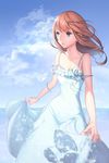  bad_id bad_pixiv_id bare_shoulders blue_eyes brown_hair cloud day dress long_hair mt_(ringofive) ocean original parted_lips skirt_hold sky solo sundress water white_dress 