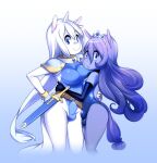 anthro arm_around_partner arm_around_waist armor armwear backless_leotard balls_outline big_breasts blue_eyes breast_squish breasts bulge chest_to_chest clothed clothing crossdressing crown detailed_bulge duo elbow_gloves equid equine femboy genital_outline gloves gynomorph gynomorph/male hair hand_on_hip hand_on_partner&#039;s_hip handwear headgear hi_res horn horse hug intersex intersex/male larger_gynomorph larger_intersex leotard long_hair looking_at_viewer male mammal melee_weapon miu mythological_creature mythological_equine mythology pauldron penis_outline pony portrait purple_body purple_hair side_balls simple_background size_difference smaller_male smile squish sword three-quarter_portrait tiara trans_(lore) trans_woman_(lore) unconvincing_armor unicorn weapon white_body white_hair