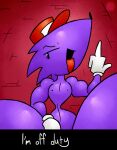 anthro artist_logo artist_name bedroom_eyes bottom_heavy brick_wall clothing crouching curvy_figure english_text eyelashes femboy fur gesture glistening glistening_arms glistening_body glistening_eyes glistening_head glistening_thighs gloves hand_gesture handwear hat head_tuft headgear headwear hi_res huge_thighs logo looking_at_viewer low-angle_view male mammal middle_finger narrowed_eyes navel nipples nude pizza_delivery_snick pizza_tower porcupine purple_body purple_fur red_clothing red_hat red_headwear rodent seductive signature small_waist snick_(pizza_tower) solo tasteful_nudity text thatdawgmurray thick_thighs tongue tongue_out tuft wall_(structure) watermark white_clothing white_gloves white_handwear