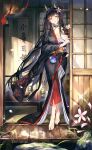  1girl absurdres akagi_(warship_girls_r) animal_ears barefoot black_hair black_kimono blush breasts chest_sarashi chinese_text cleavage closed_eyes collarbone commentary_request cup dango flower food full_body hair_flower hair_ornament hanging_scroll hat highres holding japanese_clothes kimono large_breasts long_hair long_sleeves looking_at_viewer mochi obi petals sanshoku_dango sarashi sash scroll shouji sliding_doors smile solo standing teacup translation_request very_long_hair wagashi warship_girls_r water wide_sleeves wooden_floor xiangchizhubijin 