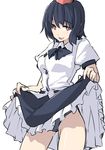  black_hair blush bow hat kamukamu_(ars) looking_at_viewer open_mouth panties puffy_sleeves red_eyes shameimaru_aya shirt short_hair short_sleeves simple_background skirt skirt_lift smile solo tokin_hat touhou underwear white_background 