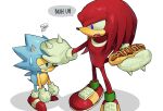  2boys animal_ears animal_nose artist_name black_eyes blue_fur blue_hair body_fur chaixuxu_0705 chili_dog classic_sonic clenched_hands closed_mouth disappointed english_text fang food from_above frown full_body furry furry_male gloves half-closed_eyes hand_on_another&#039;s_head hedgehog_boy height_difference highres holding holding_food knuckles_the_echidna long_hair looking_at_another male_focus mittens multiple_boys open_mouth purple_eyes red_fur red_hair red_shoes shoe_buckle shoes simple_background sonic_(series) sonic_the_hedgehog speech_bubble squiggle standing sweatdrop tail talking white_background white_gloves white_mittens 