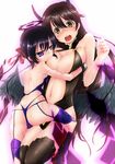  :o areola_slip areolae ass bare_shoulders black_hair black_legwear black_wings blush bow breast_hold breasts brown_hair chloe_(sennen_sensou_aigis) cuffs digi-ai facial_mark garter_belt hair_bow halo highres large_breasts long_hair low_wings multiple_girls navel o-ring open_mouth purple_eyes purple_legwear sennen_sensou_aigis shackles sophie_(sennen_sensou_aigis) thighhighs twintails warrior wings yellow_eyes 