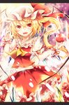  apple ascot blonde_hair fang flandre_scarlet flower food fruit hat hat_ribbon kaio_(watagami) letterboxed mob_cap open_mouth puffy_short_sleeves puffy_sleeves red_eyes red_flower red_rose ribbon rose sash shirt short_sleeves side_ponytail skirt skirt_set solo touhou vest wings wrist_cuffs 