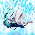  akira_ry0 aqua_eyes bad_id bad_pixiv_id barefoot green_eyes green_hair hatsune_miku highres long_hair looking_at_viewer o-ring o-ring_top smile solo twintails underwater very_long_hair vocaloid 