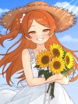  1girl 82k_mugi bare_shoulders blue_sky blush breasts cloud cloudy_sky collarbone cowboy_shot dot_nose dress eyelashes floating_hair flower grin hair_ribbon hat highres holding holding_flower hugging_object idolmaster idolmaster_million_live! idolmaster_million_live!_theater_days lace-trimmed_dress lace_trim long_hair looking_at_viewer official_alternate_costume ogami_tamaki orange_eyes orange_hair outdoors parted_bangs pure_onepiece_(idolmaster) ribbon ribbon-trimmed_dress ribbon_trim side_ponytail sidelocks sky sleeveless sleeveless_dress small_breasts smile solo straw_hat sun_hat sundress sunflower sunlight white_dress white_ribbon 