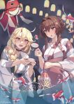  2girls alternate_costume alternate_hairstyle anchor_choker black_choker blonde_hair braid breasts brown_hair cherry_blossoms choker festival fish flower goldfish goldfish_scooping grey_kimono hair_between_eyes hair_bun hair_flower hair_intakes hair_ornament hair_over_shoulder highres himeyamato iowa_(kancolle) japanese_clothes kantai_collection kimono large_breasts long_hair multiple_girls night obi official_alternate_costume official_alternate_hairstyle open_mouth outdoors pink_kimono poi_(goldfish_scoop) red_eyes sash sidelocks single_braid star-shaped_pupils star_(symbol) summer_festival symbol-shaped_pupils white_kimono wide_sleeves yamato_(kancolle) yukata 