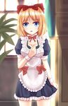 alice_margatroid alternate_costume apron bad_id bad_pixiv_id black_bra blonde_hair blue_dress blue_eyes bow bra breasts check_commentary cleavage collarbone commentary commentary_request dress enmaided hair_bow highres looking_at_viewer maid maid_apron medium_breasts plant puffy_short_sleeves puffy_sleeves short_sleeves solo touhou underwear wendell window wrist_cuffs 