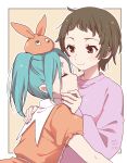  2girls absurdres aqua_hair brown_eyes brown_hair choppy_bangs closed_eyes closed_mouth fingernails googly_eyes highres long_sleeves manimani_(mani_ma) monogatari_(series) multiple_girls nademonogatari ononoki_yotsugi sengoku_nadeko short_hair short_sleeves smile yuri 