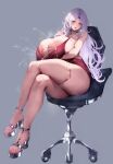  1girl absurdres alna_(mu5fal) breast_milk breasts chair commentary_request doctor dress feet highres huge_breasts lactation lactation_through_clothes large_areolae legs long_hair nail_polish original projectile_lactation red_dress red_eyes sitting solo thighs toenail_polish toenails toes white_hair 