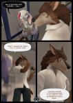 3d_(artwork) anthro blue_eyes bottomwear brown_body brown_fur canid canine canis clothing comic denim denim_bottomwear denim_clothing digital_media_(artwork) english_text eyewear female fur glasses hair hair_strand hi_res jeans june_(striped_sins) lagomorph lance_(striped_sins) leporid male mammal nose_pinch office pants pattern_clothing purple_body purple_fur rabbit scarf shirt striped_clothing striped_sins stripes t-shirt text tired topwear url white_hair willitfit wolf