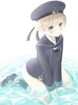  anchor ankle_cuffs aqua_eyes black_legwear blonde_hair blush bottomless buttons clothes_writing hat highres jpeg_artifacts kantai_collection long_sleeves military military_uniform mitsukan_(maitaro22) partially_submerged sailor_collar sailor_hat short_hair sitting solo uniform wading wariza water z1_leberecht_maass_(kantai_collection) 