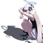  1girl absurdres animal_ears black_dress black_hair blue_archive blue_halo breasts cat_shadow_puppet_(meme) china_dress chinese_clothes different_shadow double_w dress gnoet grey_hair halo highres kokona_(blue_archive) long_hair meme multicolored_hair shadow shadow_puppet shoes sleeveless sleeveless_dress small_breasts sneakers solo squatting streaked_hair striped_clothes striped_dress tiger_ears tiger_girl very_long_hair w 
