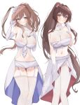  2girls absurdres alternate_costume bare_shoulders blush breasts brown_hair cleavage clothing_request collarbone commentary elbow_gloves gloves grey_eyes hair_ornament hair_scrunchie hand_on_own_chest high_side_ponytail highres kantai_collection large_breasts long_hair looking_at_viewer multiple_girls pink_eyes ponytail raymie0124 saratoga_(kancolle) sarong scrunchie see-through_clothes sidelocks simple_background very_long_hair white_background white_gloves white_sarong white_scrunchie yamato_(kancolle) 
