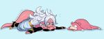  android_21 black_tube_top blue_background blue_eyes breasts cleavage color_connection colored_skin crossover dated dragon_ball dragon_ball_fighterz earrings full_body hoop_earrings jewelry large_breasts long_hair lying nanika_(nnkgh) on_stomach pants pink_skin pink_tail pointy_ears pokemon pokemon_(creature) simple_background slowpoke strapless tube_top twitter_username white_hair white_pants 