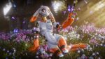 16:9 3d_(artwork) annoad anthro arthropod barely_visible_genitalia barely_visible_pussy black_sclera blurred_background breasts buckteeth building butterfly chest_tattoo digital_media_(artwork) digitigrade ears_down female flower forest forest_background genitals gimbal_(warfaremachine) grass hi_res house insect lagomorph lepidopteran leporid light machine mammal medium_breasts nature nature_background nipples nude nude_anthro nude_female number_print orange_body orange_nose pivoted_ears plant pussy rabbit robot robot_anthro sitting sitting_on_grass sitting_on_ground solo sunlight tattoo teeth tree white_body wide_hips widescreen