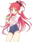  arm_up bad_id bad_pixiv_id blush fang food gym_uniform hair_ribbon highres long_hair looking_at_viewer mahou_shoujo_madoka_magica name_tag open_mouth ponytail popsicle red_eyes red_hair ribbon sakura_kyouko school_swimsuit shirt simple_background solo swimsuit swimsuit_under_clothes tied_shirt watermelon_bar white_background yutsumoe 